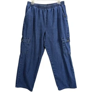 Chic Pull on jeans Womens 16 Petite Cargo Pants Blue Denim Grandma Retro Comfort - Picture 1 of 10