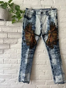 Jeans uomo vintage Americana lavaggio acido ali ricamate biker grunge punk 38/34 - Foto 1 di 19