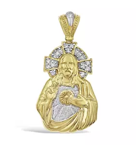 Sacred Heart of Jesus Pendant Mens 10k Two Tone Gold CZ Charm 1.9 inch - Picture 1 of 5