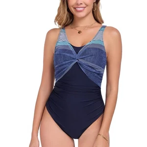 Maillot de bain femme une pièce froncé contrôle du ventre maillot de bain rayure marine-M - Photo 1/5