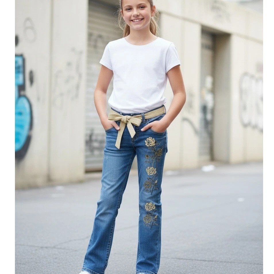 Jeans Glory Desteñidos Niñas Lavado Medio Cinturón Rosas Doradas Cintura Ajustable Talla 10 Foto 1 de 4