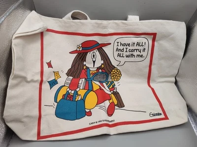 Bolso de mano Kathy Guisewite Studio 1994 de lona con etiquetas lo tengo todo D1 Foto 1 de 2