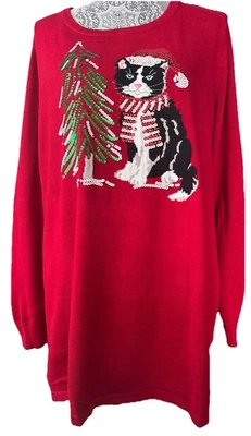 Quacker Factory Black White Gray Cat Sweater Sequins 2 X - Image 1 of 4