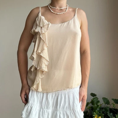 Camiseta sin mangas para mujer pequeña/mediana rosa claro/beige con volantes detalle Foto 1 de 4
