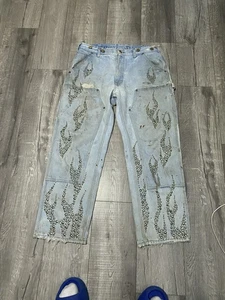90’s Carhartt B07 DNM Light Blue Denim Studded Double Knee Pants Jeans 34x29 - Picture 1 of 7