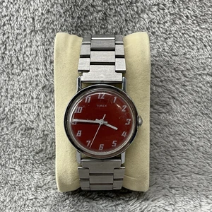Vintage Timex Watch Mens Red Face Silver Tone Manual Wind Up READ - Picture 1 of 10