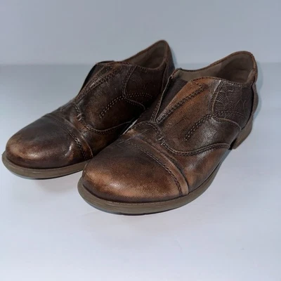 Earth Blythe Shoes Womens 7.5W Wide Brown Leather Comfort Cap Toe Oxford Slip On - Image 1 of 4