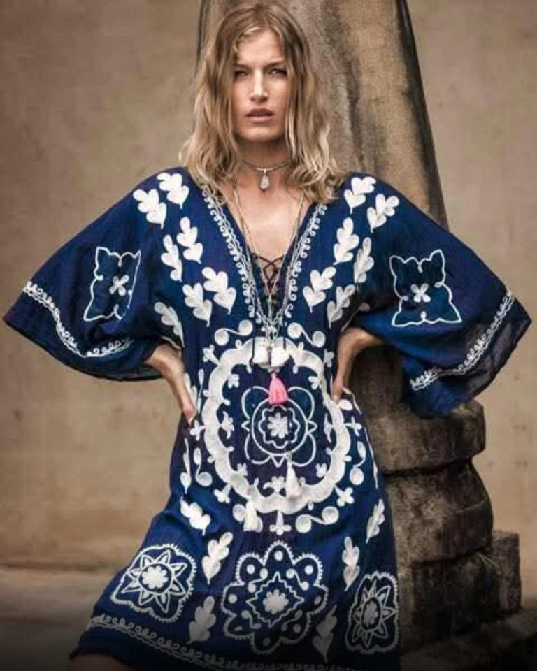 Ruby Yaya Navy Blue Embroidered Tunic Dress Size Kaftan boho Beach Cover Up - image 1 of 4