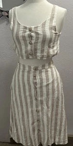 Reset by Jane Skirt Flax & Rayon Blend Midi Bone Caramel Stripe Womens & Top S - Picture 1 of 17