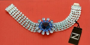 Sapphire & Blue Topaz CRYSTAL Rhinestone Flower Burst Multi Row BRACELET prom +  - Picture 1 of 3