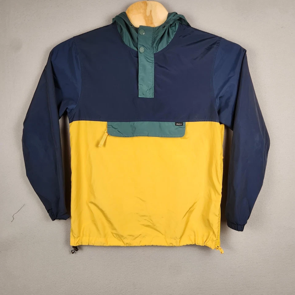 Chaqueta cortavientos RVCA para hombre pequeña azul amarillo con capucha Anorak bloque de color M722VRKI Foto 1 de 4