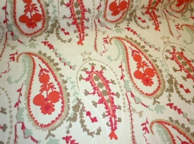 5.25 Yards Embroidered Paisley Fabric on Natural Linen with Aqua and Pink - Image 1 of 4