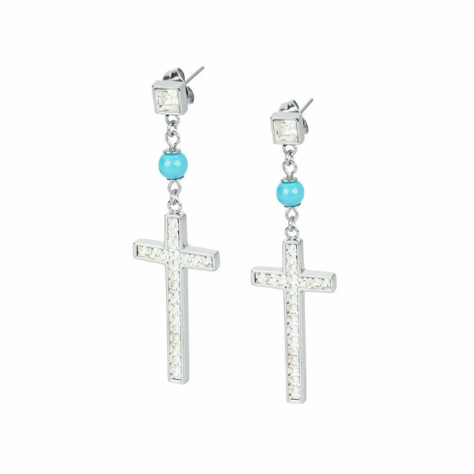 Brosway Orecchini SOUL acciaio con perle colore corallo croce e swarovski BSL22