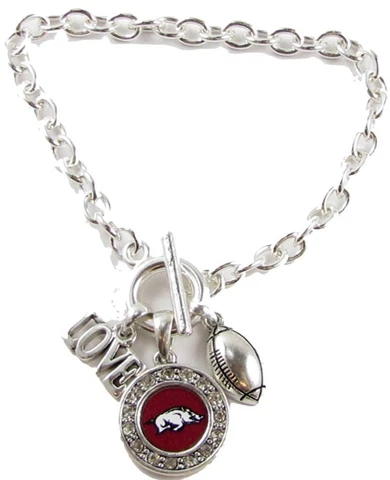 Arkansas Razorbacks Multi Charm Love Football Red Silver Bracelet Jewelry UA Cover