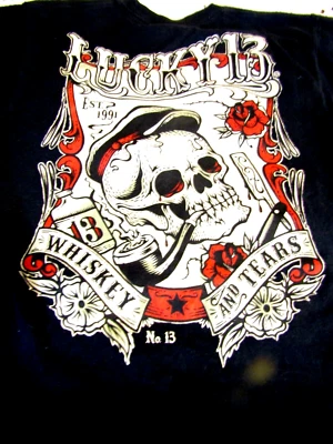 LUCKY 13 Mujer WHISKY Y LÁGRIMAS Camiseta Calavera Whisky Rosas M Excelente Gráfico Foto 1 de 4