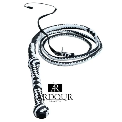 Bullwhip profesional de cuero de 8 pies de peso pesado diseño de 12 trenzas en blanco y negro con Foto 1 de 3