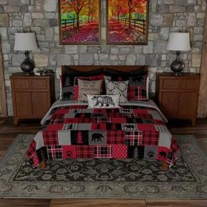 Donna Sharp Red Forest Rustic Lodge Bear Paw King 3-Pc Quilt Set & Kila Throw - Picture 1 of 9