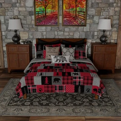 Donna Sharp Red Forest 3-Piece Quilt Set Lodge Rustic Buffalo Check & Tote Bag - Image 1 of 4