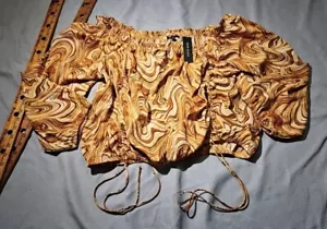 NWT New Glory Shirt Womens Plus Sz 2X Beige Marble Ruched Crop Off Shoulder Top - Picture 1 of 13
