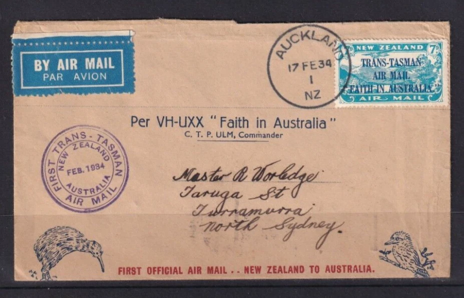 NZ 1934 FFC AIR MAIL NEW ZEALAND TO AUSTRALIA "FAITH IN AUSTRALIA" #C345 - image 1 of 1