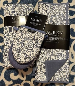 Ralph Lauren Baumwolle Blau Blumen Küchentücher Ofenhandschuhe & Trockenmatten 6-teiliges Set - Bild 1 von 6
