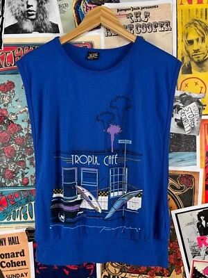 Camiseta sin mangas gráfica sin mangas profunda Tropix Café Venice Beach Surfer años 80 de colección Foto 1 de 4
