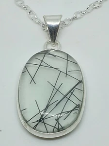 Unusual Black Rutile Quartz Pendant Necklace Silver Plated 18" Chain BR4 - Picture 1 of 3