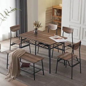 Natural Color Black Iron 6-Piece Modern Dining Table with 4 Chairs and Bench - Picture 1 of 24