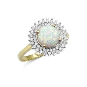 9ct Gold Opal Ring Round Cubic Zirconia Ladies Oval Size N Lab Created - Picture 1 of 18