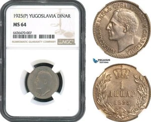 AH499, Yugoslavia, Alexander I, 1 Dinar 1925 P, Poissy Mint, NGC MS64 - Picture 1 of 1