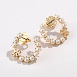 Tory Burch Pearl Double T Logo Perfect Design Lady Nice Earring - Picture 1 of 11