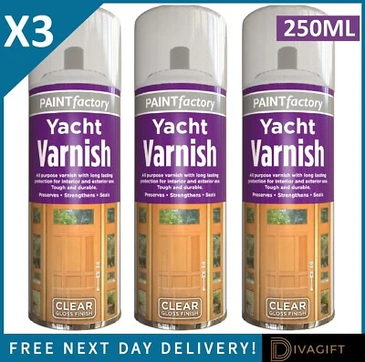 3 X 250ML BARNIZ DE YATE TRANSPARENTE SPRAY EXTERIOR INTERIOR IMPERMEABLE TODO USO NUEVO Foto 1 de 4