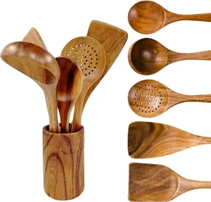Wooden Cooking Utensil Set with Holder – 6-Piece Natural Acacia Wood Spoons &... - Bild 1 von 7