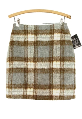 全新带标签 BOSTON PROPER 格子迷你裙 2 XS 灰色白色棕色人造毛皮冬季 — 第 1/4 张图片