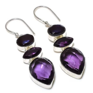 Amethyst Gemstone Handmade 925 Sterling Silver Jewelry Earring 2.13" - Picture 1 of 5