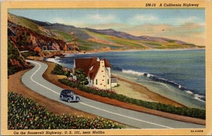 A California Highway On The Roosevelt Highway US 101 Near Malibu Linen Postcard - Picture 1 of 4