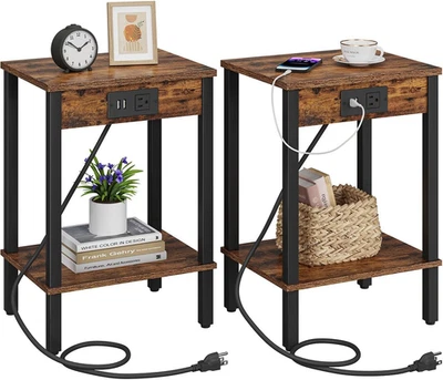 Set of 2 End Table with Charging Station, Narrow Side Table with USB Ports and O - Image 1 of 4