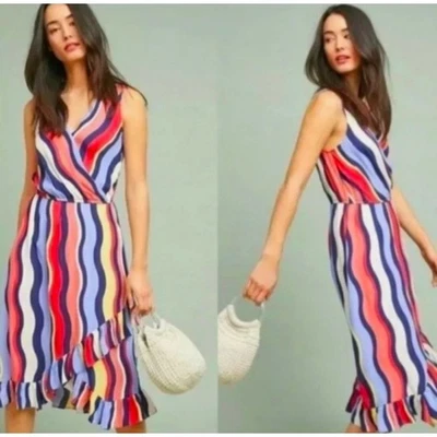 Vestido Anthropology Plenty Tracy Reese Daphne Arco Iris Rayas Envolvente Midi Volantes L Foto 1 de 4