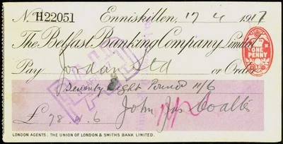 Belfast Bank 1917 Nordirland Scheck Enniskillen Pfund London & Smiths Bank No.2 - Bild 1 von 2