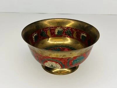Vtg Brass Pedestal Bowl Dish Made in India Enamel Christmas Colors 3"X6" **READ - Image 1 of 4