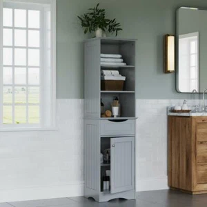 Gray Finish Wooden Linen Tower Storage Cabinet Tall Organizer Bathroom Towels - Picture 1 of 3