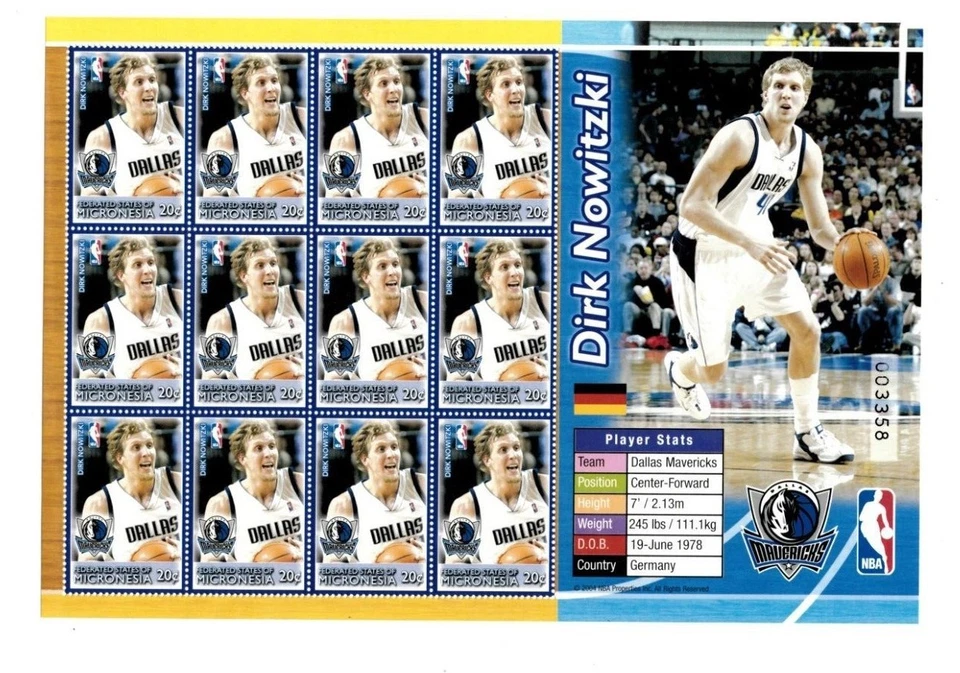 Micronesia 2004 - NBA Dallas Mavericks - Dirk Nowitzki - Hoja de 12 estampillas MNH Foto 1 de 1