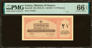 Turchia Impero Ottomano 2 1/2 Piastres ND (1916-17) Pick-86 GIOCO PERFETTO UNC PMG 66 EPQ - Foto 1 di 2