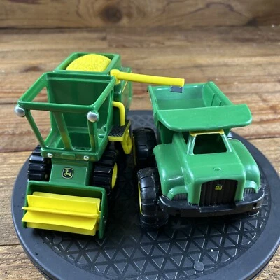 John Deere Combine Harvester Farm Green 7" & Dump Truck 6" Plastic Toys - Image 1 of 4