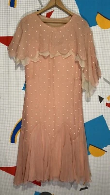 Vestido Vintage Años 20 Seda Aleta Art Deco Cintura Caída Asimétrico Lunares Crepé Foto 1 de 4