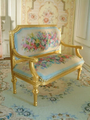 1:12 Golden Miniature Dollhouse Delicate Chair Floral Bouquet Scrolls Mint - Image 1 of 4