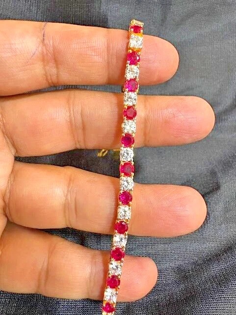 15 Ct Runde Simulierte Rubin- Und Diamant-Tennisarmband 7,5" 14k Gelbvergoldet - Bild 1 von 4