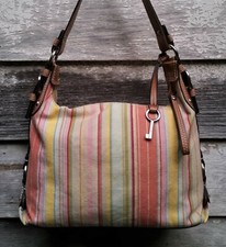 Fossil Multi Red Pink Green Turquoise Striped Canvas Zip Hobo Shoulder Bag M