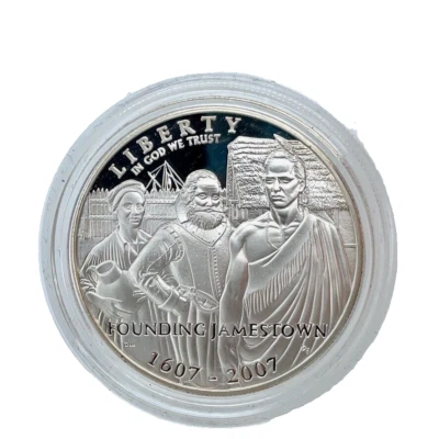 2007-P $1 Jamestown Anniversary 90% Silver Proof Commemorative Dollar in Capsule - Image 1 of 4