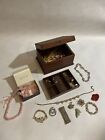 Lot of Vintage Costume Jewelry Pieces Necklaces Earrings Broaches + Wooden Box